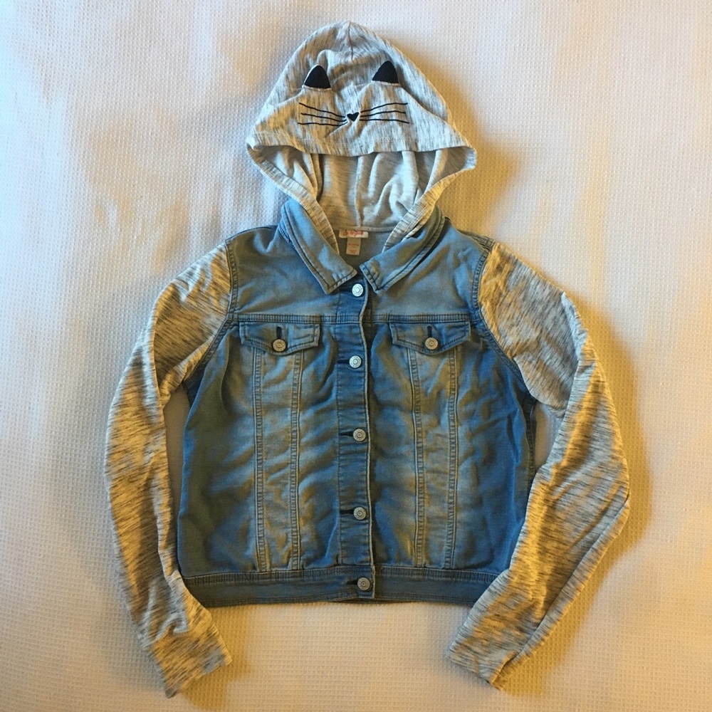 Girls Soft Cat Ear Denim Knit Hoodie Jacket